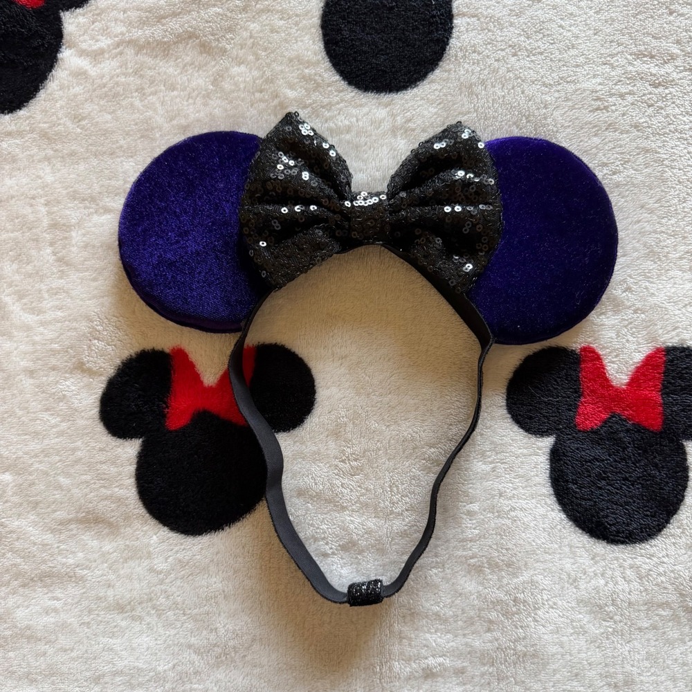 Purple Velvet Mouse Ears Headband Black Sequin Bow Disney Inspired - AC1608